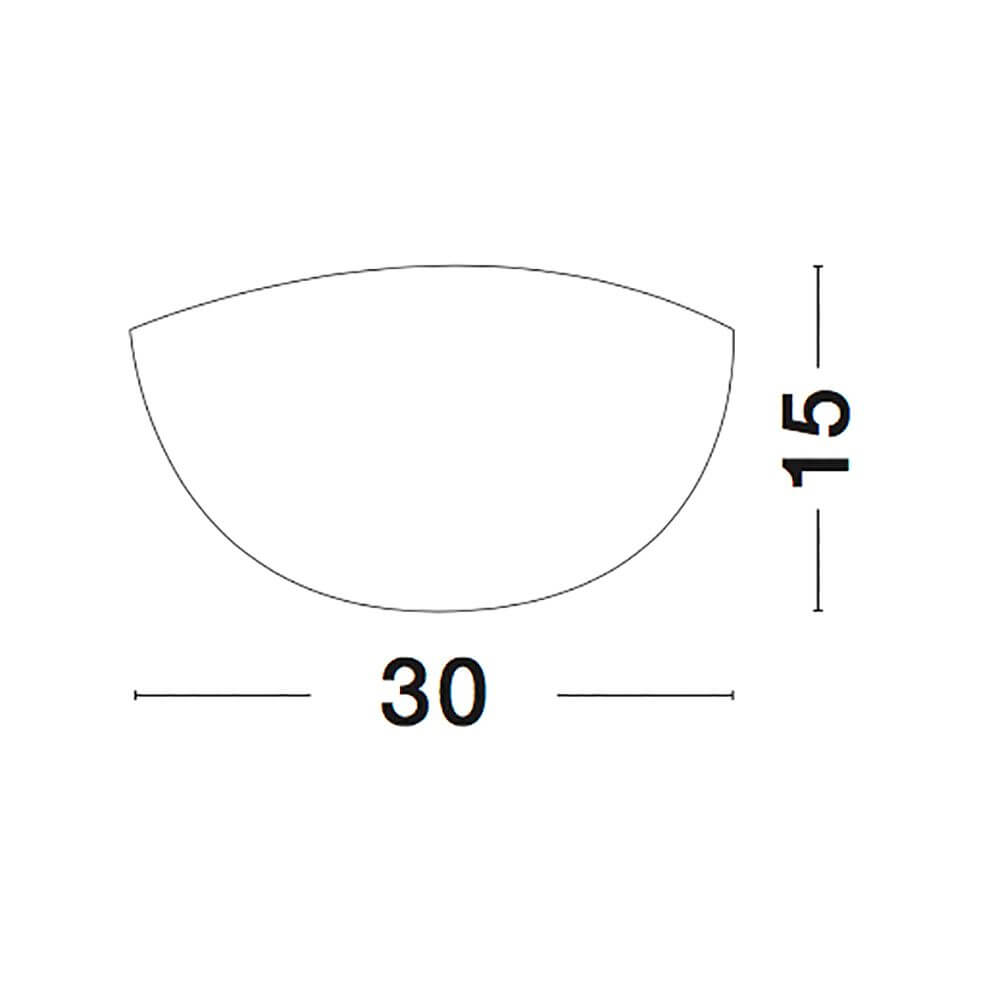 Shell Glas Wandlampe Weiß, Chrom - Maßskizze mit 30 cm Breite und 15 cm Höhe.