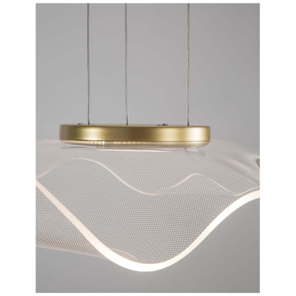 Siderno LED Hängeleuchte Metall Klar in modernem Design mit goldener Aufhängung und wellenförmigem Schirm aus Metall.