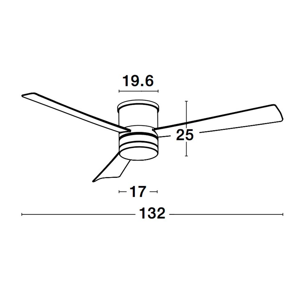 Technische Zeichnung des Silky LED Ventilators Holz Weiß mit Abmessungen und Designinformationen.