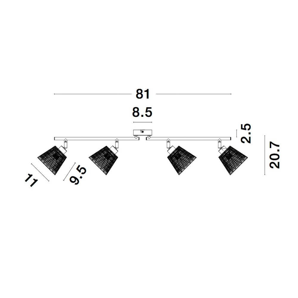 Sion Deckenstrahler 4-flammig Stoff Weiß technische Zeichnung mit Abmessungen und Design.