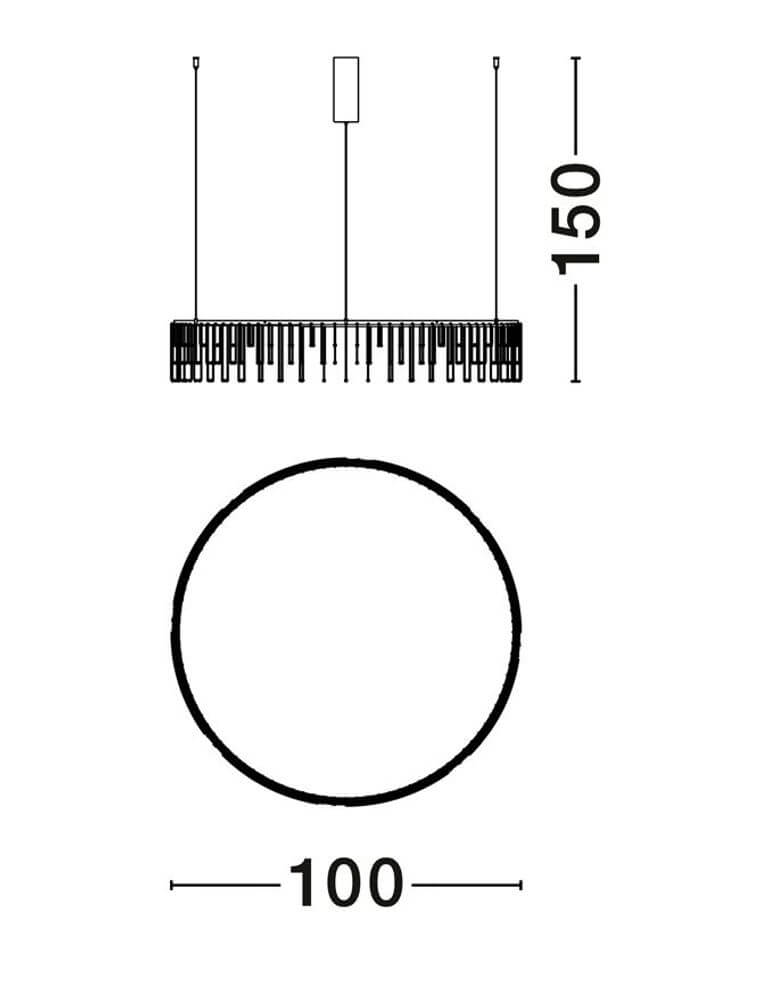 Stellar LED Hängeleuchte Ø 100cm technische Zeichnung mit Maßen 150cm und 100cm Durchmesser.