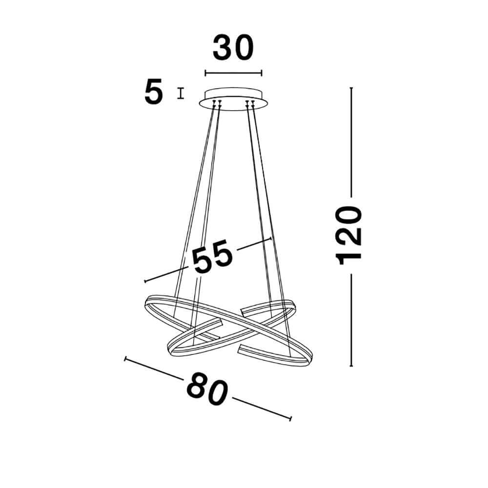 Torrente LED Hängeleuchte 2-Ringe Metall, Acryl Maßzeichnung mit Abmessungen 30 cm, 5 cm, 55 cm, 80 cm und 120 cm.