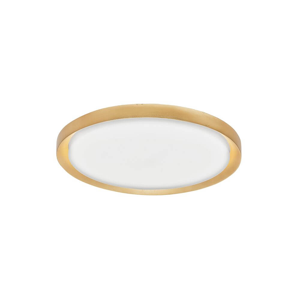Alt Tag: Troy LED Deckenlampe Rund, Metall goldfarbener Metallring, weißer Acrylschirm, dimmbare 50W LED ideal für Wohnzimmer, Flur, Schlafzimmer