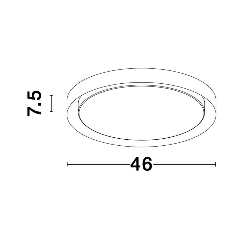 Alt Tag: Troy LED Deckenlampe Rund, Metall - schematische Draufsicht mit Maßen 46 cm Durchmesser, 7,5 cm Höhe, weißer Metallrahmen