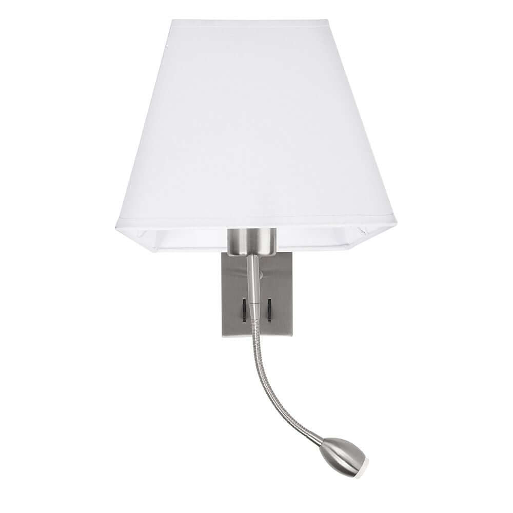 Valencia Wandlampe mit LED Leselampe, stilvolle Wandleuchte mit verstellbarem Strahler und weißem Stoffschirm.
