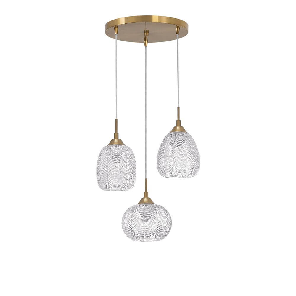 Vario Hängelampe 3-flammig Glas, Metall in modernem Design mit satiniertem Goldmetall und klarem Glas.