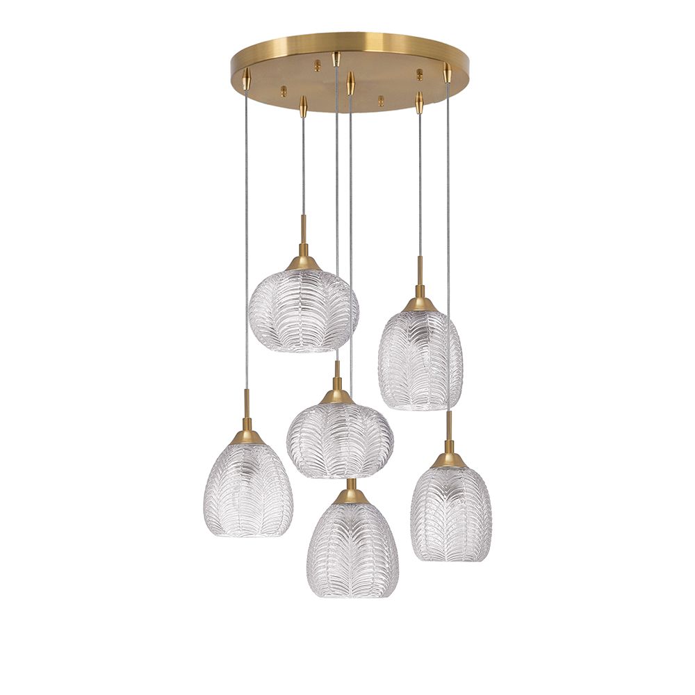 Vario Glas Hängeleuchte 6-flg. in Gold mit klaren Glaskörpern, elegantes Design für stilvolle Räume.