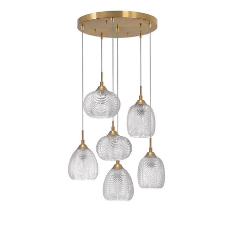 Vario Glas Hängeleuchte 6-flg. Gold, Klar Pendelleuchte mit sechs Glaslampenschirmen in Gold und Klar