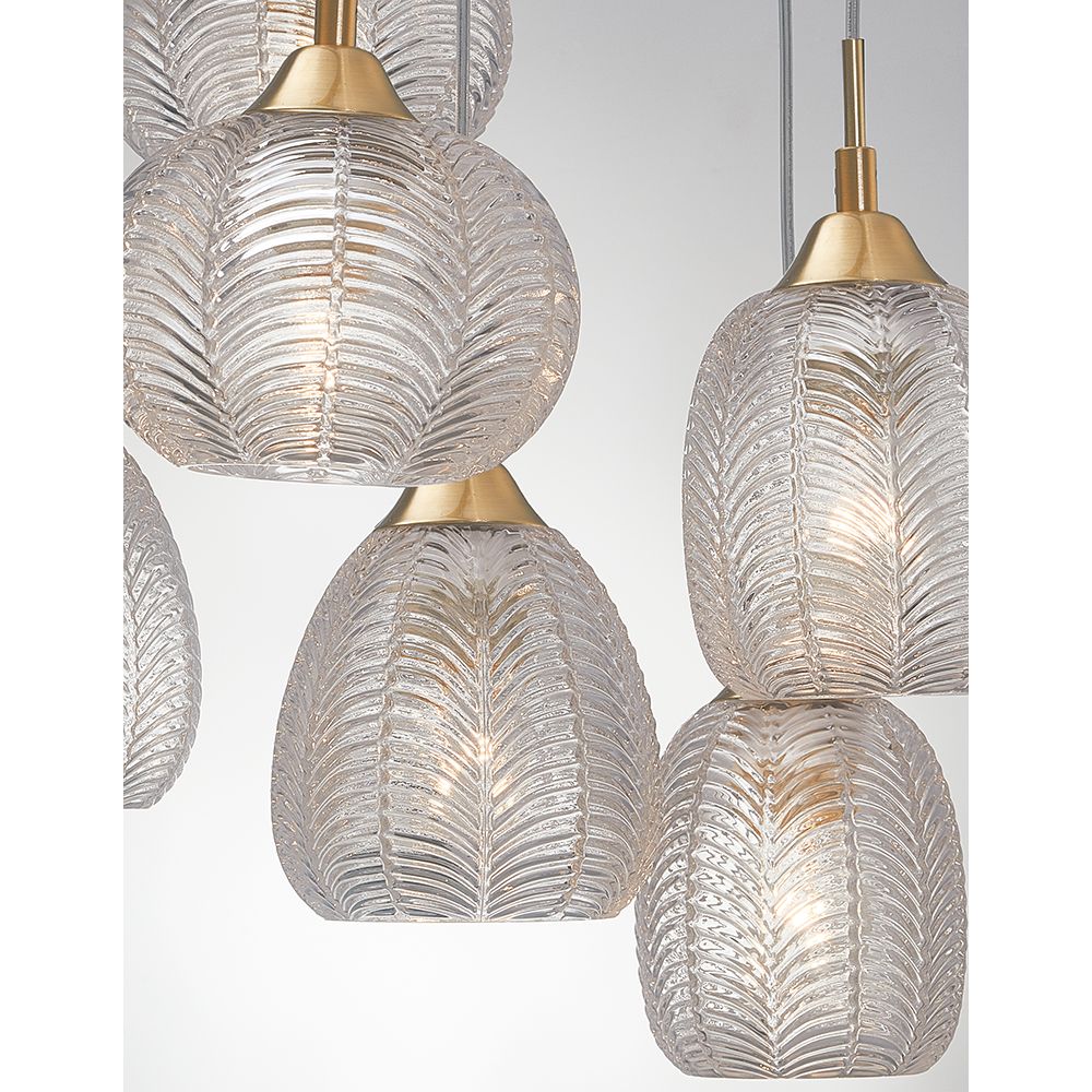 Vario Glas Hängeleuchte 6-flg. in Gold und Klar, moderne Designleuchte für stilvolle Innenräume.