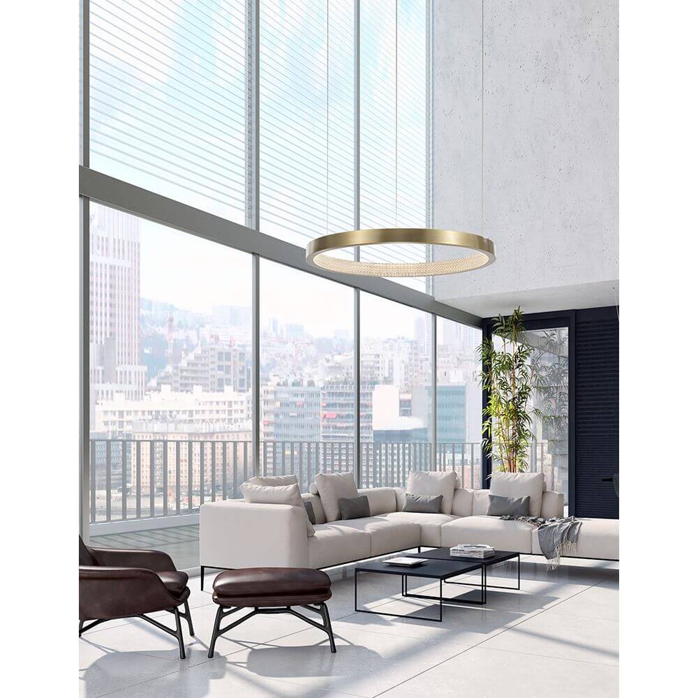 Vegas LED Hängeleuchte Antik-Messing in modernem Wohnzimmer mit viel Licht und elegantem Design.