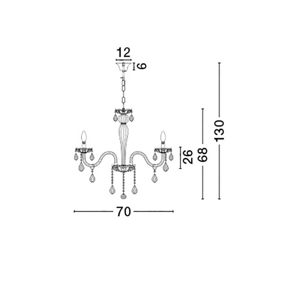 Technische Zeichnung des Nova Luce Venezia Kronleuchter 8-flg. Kristall mit Abmessungen und Details.