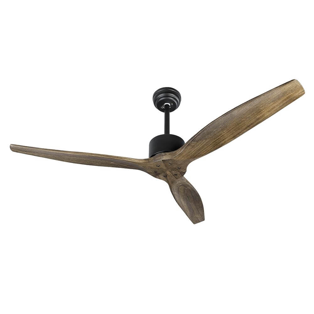 Vento Holz Ventilator Braun, Schwarz mit Walnussholz-Flügeln und mattschwarzem Motorengehäuse.