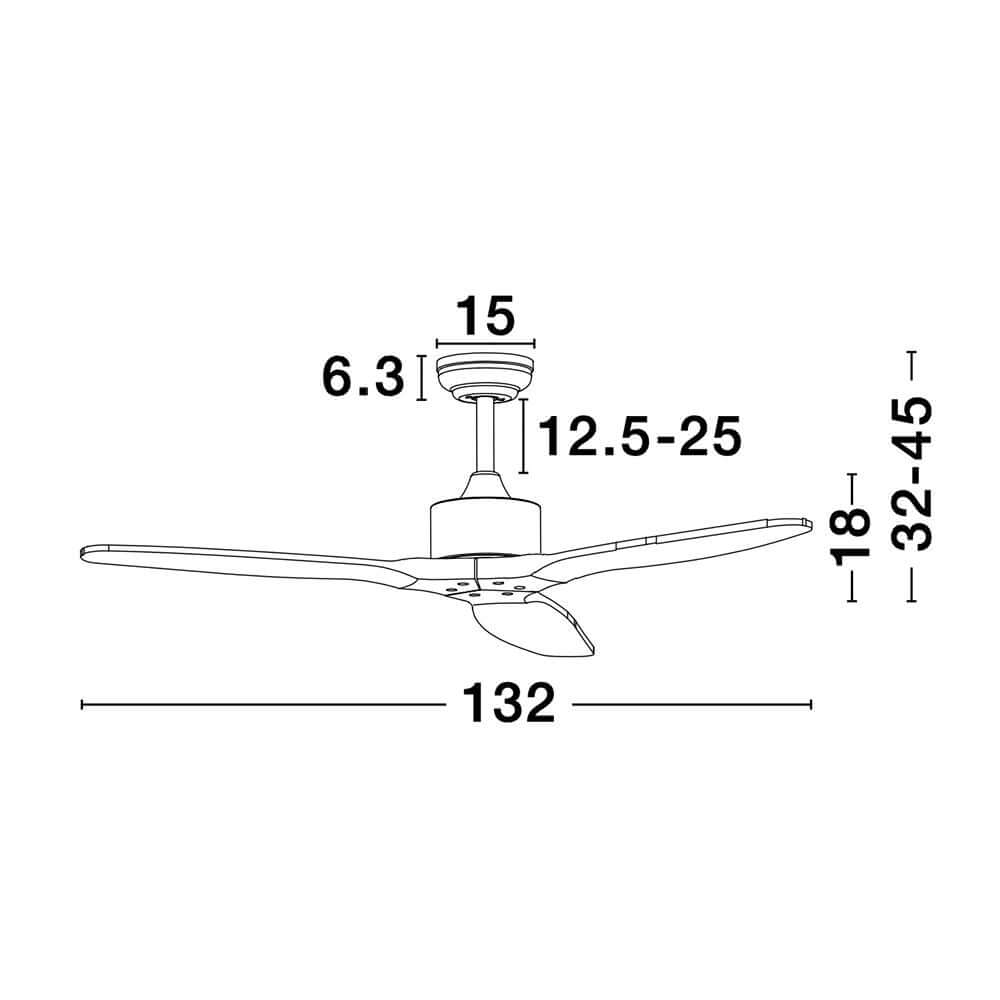 Technische Zeichnung des Vento Holz Ventilator Braun, Schwarz mit Abmessungen und Details.