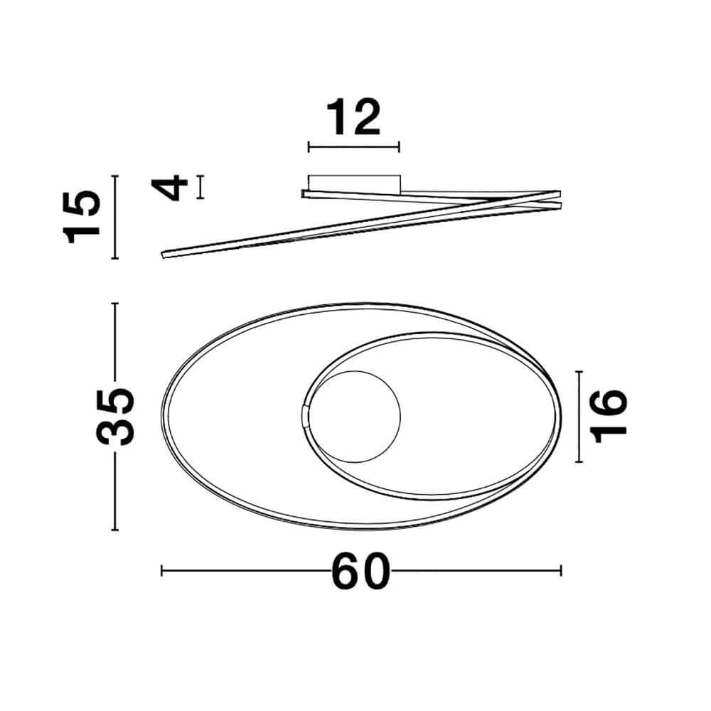 Alt Tag: Viareggio LED Deckenlampe Geschwungen, technische Zeichnung mit Maßen 60x35x15 cm, geschwungene Aluminium-Acryl-Deckenleuchte