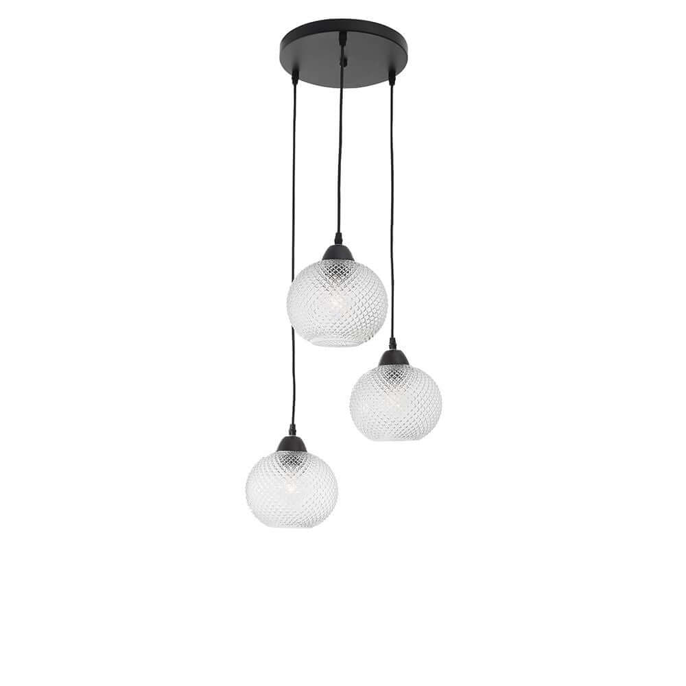 Vienti Pendelleuchte 3-flammig Glas mit drei transparenten Glaskuppeln und schwarzem Metall, stilvoll für jedes Zuhause.