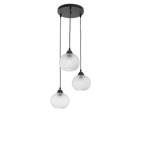 Vienti 3-pære glas pendellampe med tre transparente glaskupler og sort metal, stilfuldt til ethvert hjem.