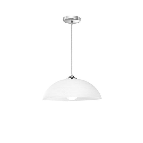 Vinca glasspendellampe hvit med elegant hvit glasskjerm og forkrommet metall i moderne design.