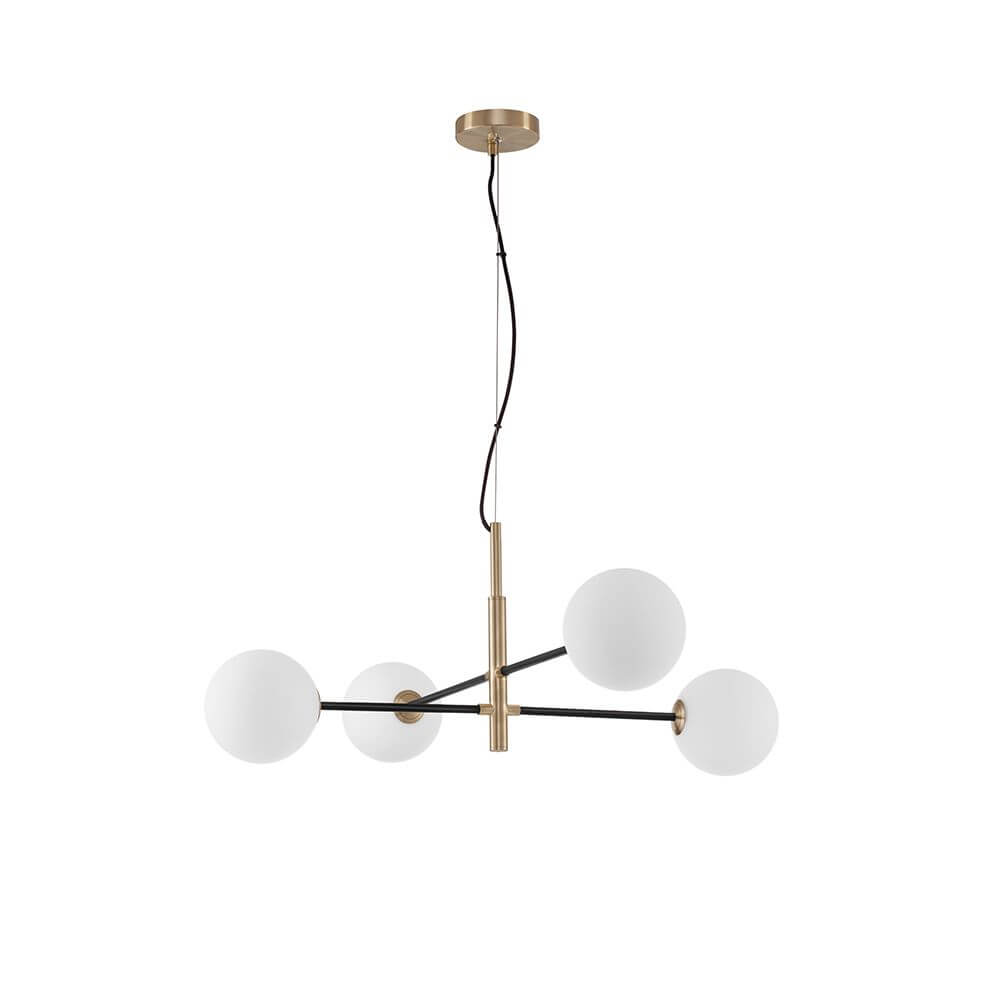 Vitra Hängelampe 4-flammig Metall, Opal Weiß mit vier opalweißen Glaskugeln und eleganten Metallarmen.