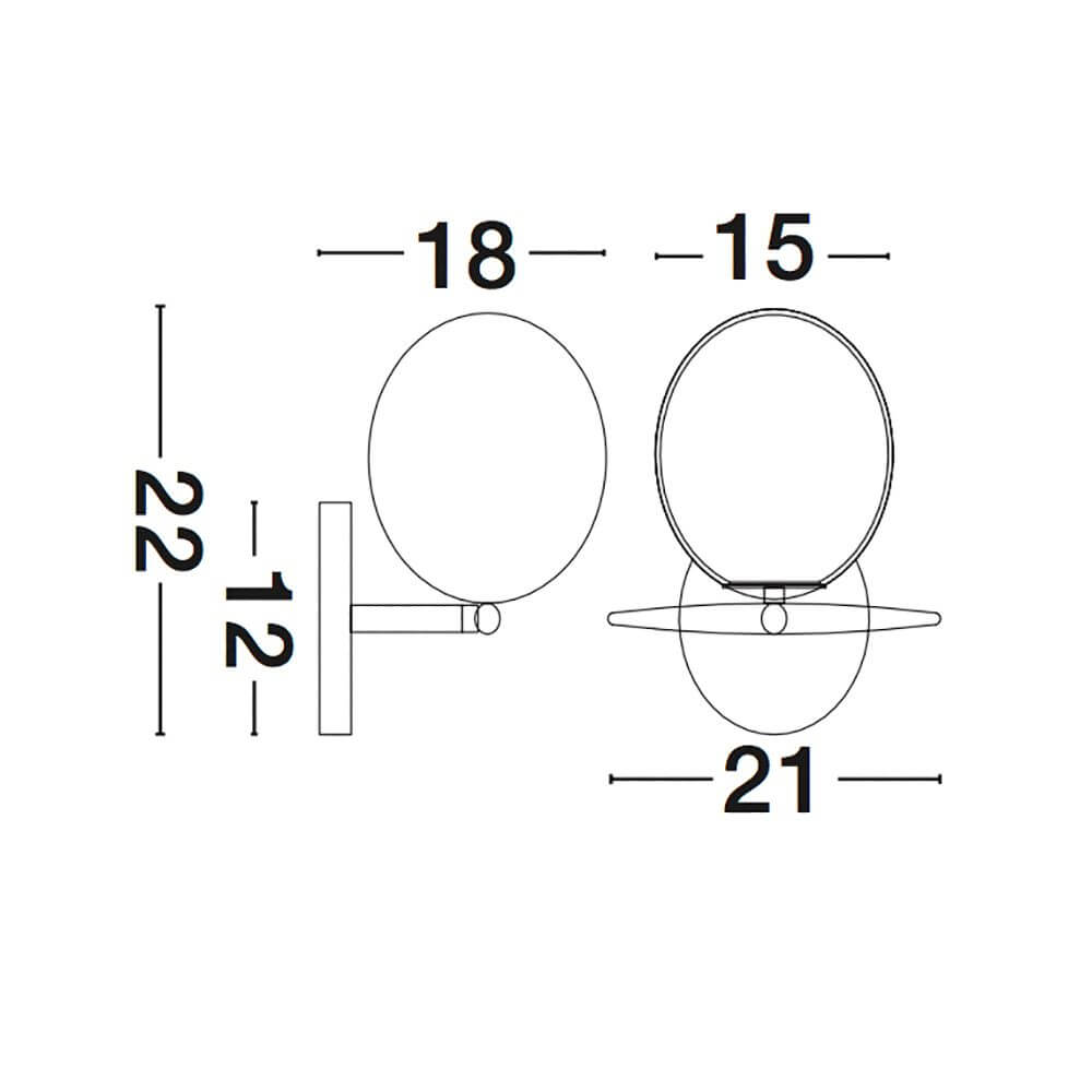 Vitton Glas-Kugel Wandleuchte Messing, Weiß technische Zeichnung mit Maßangaben.