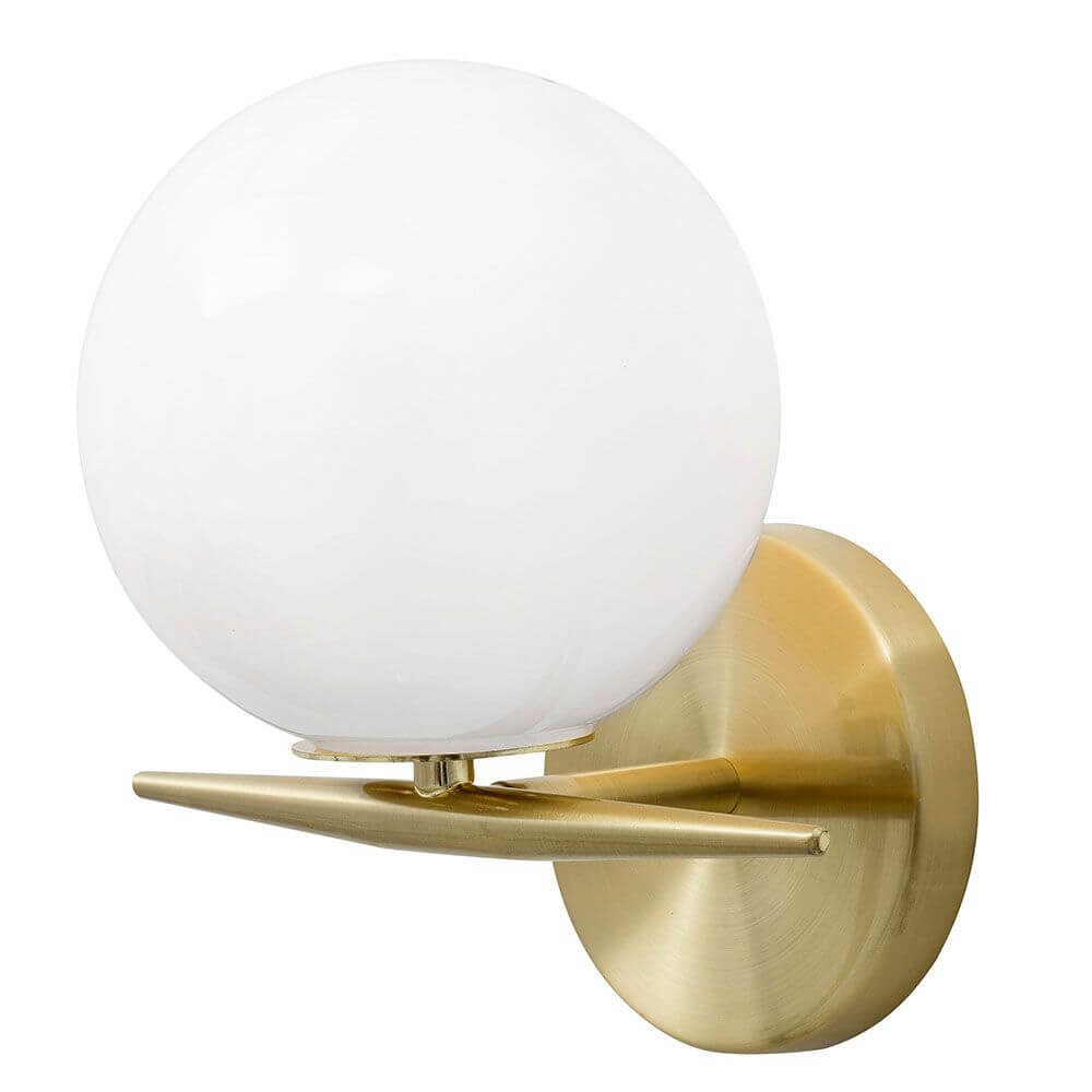 Vitton Glas-Kugel Wandleuchte Messing, Weiß mit weißem Glas und elegantem Messinggestell.