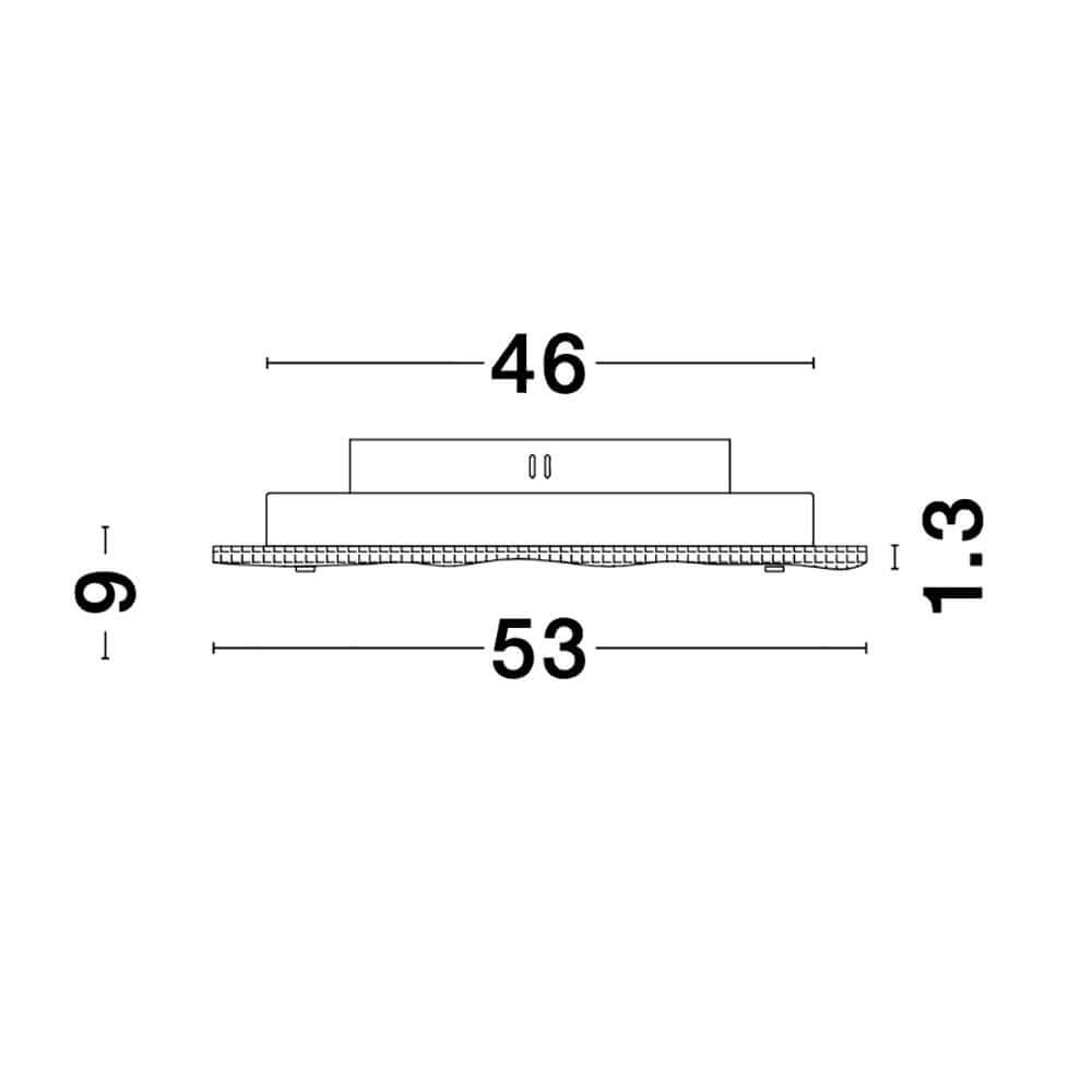 Maßzeichnung der Wing LED Deckenlampe Metall, Glas mit 46 cm Breite, 53 cm Länge und 9 cm Höhe.