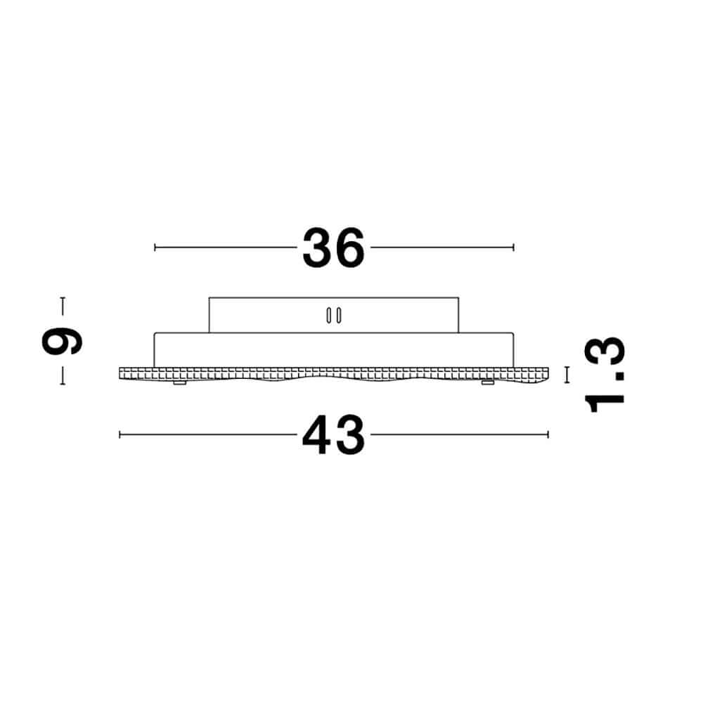 Wing LED Deckenlampe Metall, Glas technische Zeichnung mit Maßen 36x43x9 cm.