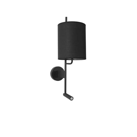 Yama væglampe med LED Læsearm i moderne design med sort stofskærm og dekorativt retningsbestemt spotlight.