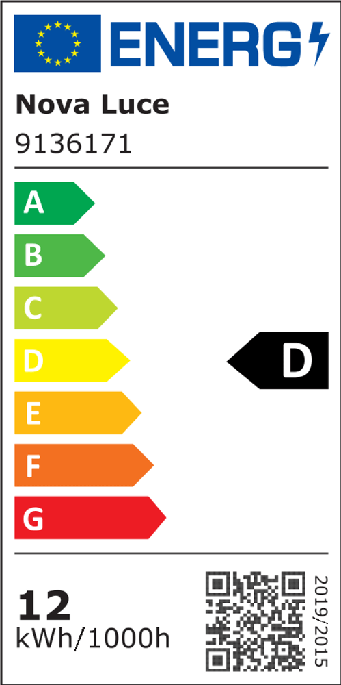Energieeffizienzlabel von Nova Luce für die Nyx LED Wandleuchte 3000K IP44, Klasse D, 12 kWh/1000h.