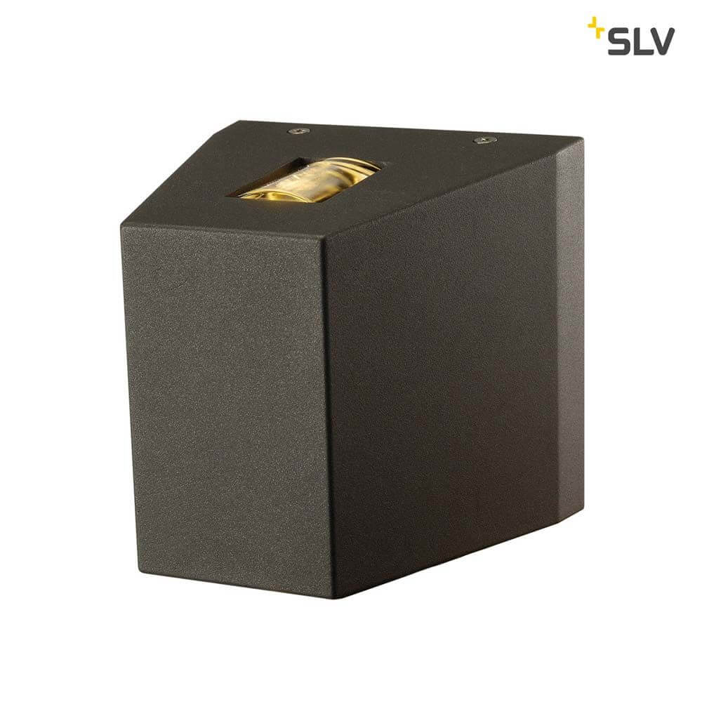 OUT BEAM LED Wandleuchte anthrazit in quadratischer Form mit goldener Lichtquelle.