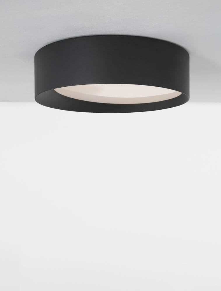 Oby LED Deckenleuchte Ø 45cm 3000K in modernem, kreisrunden Design mit mattem Aluminium und weißem Acryl.