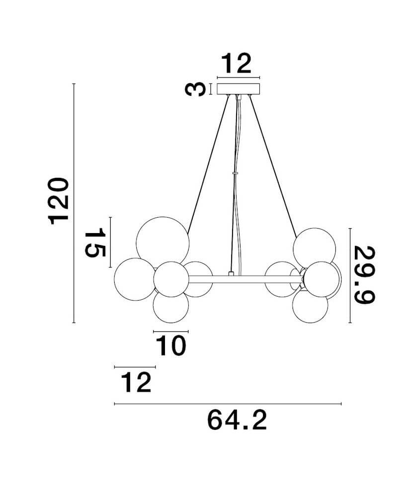 Technische Zeichnung der Odillia Pendelleuchte Ø 65cm G9 11-flammig mit Maße.