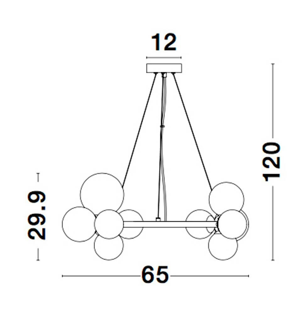Technische Zeichnung der Odillia Pendelleuchte Ø 65cm G9 11-flammig mit Abmessungen.