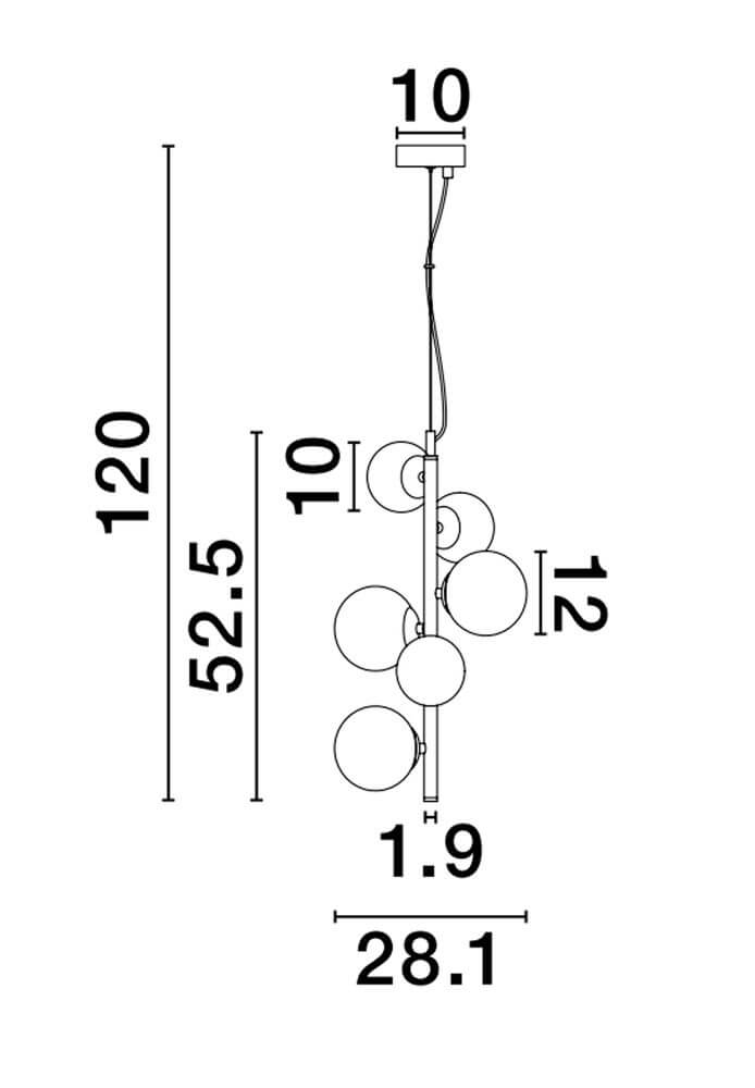 Technische Zeichnung der Odillia Pendelleuchte G9 6-flammig mit Abmessungen und Designangaben.