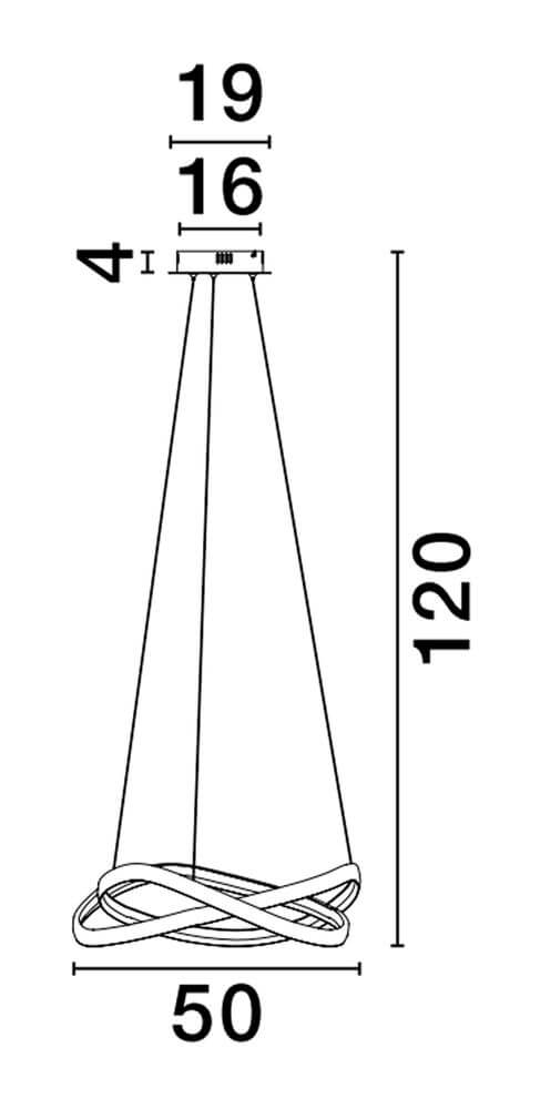 Odrey LED Pendelleuchte Ø 50cm 2700, 3500, 5000K - technische Zeichnung mit Maßen 50cm Durchmesser, 120cm Höhe, skulpturale Aluminium-Schlinge