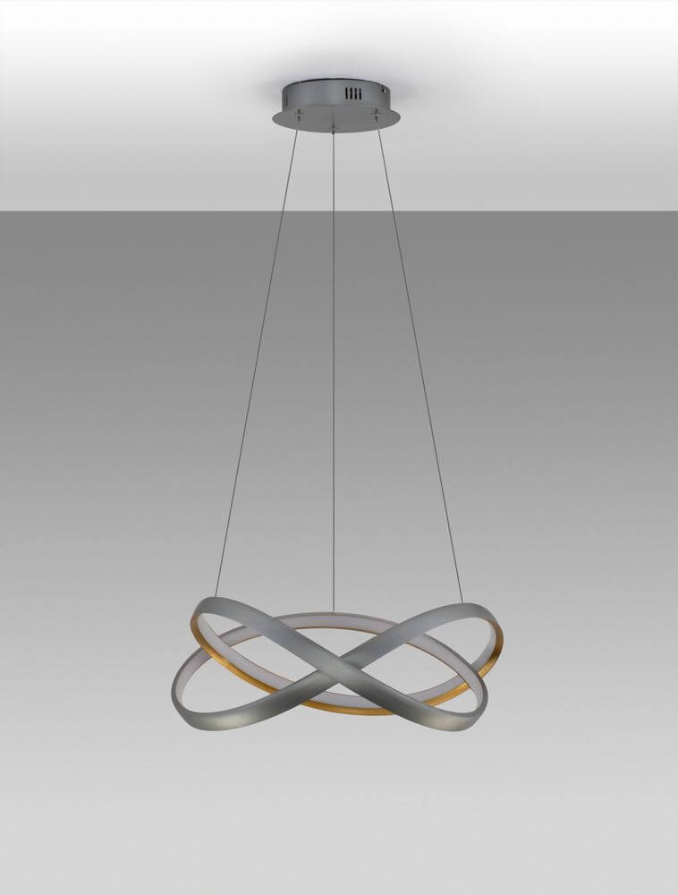 Alt Tag: Odrey LED Pendelleuchte Ø 50cm 2700, 3500, 5000K skulpturale silber-gold Pendelleuchte aus Aluminium mit matter Kunststoffdiffusor
