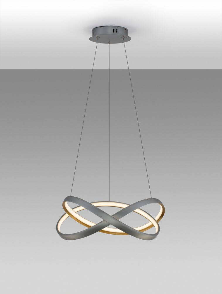 Alt Tag: Odrey LED Pendelleuchte Ø 50cm 2700, 3500, 5000K silberne skulpturale Pendelleuchte mit goldenen Akzenten und mattem Diffusor