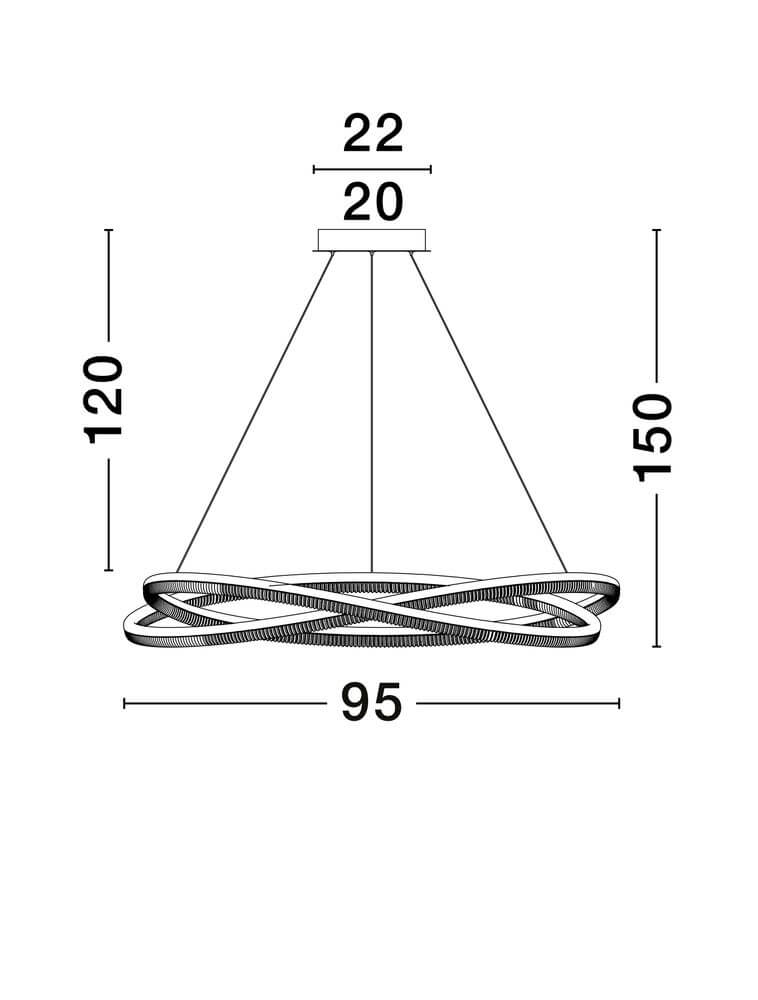 Ofelia LED Pendelleuchte 2-flammig Ø 95cm 3000K Maßzeichnung mit Höhe, Durchmesser und Aufhängung.