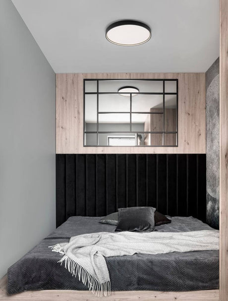 Olaf LED ceiling light Ø 60 cm 3000K in bedroom, black metal shade with white plastic cover, warm white 3000K light