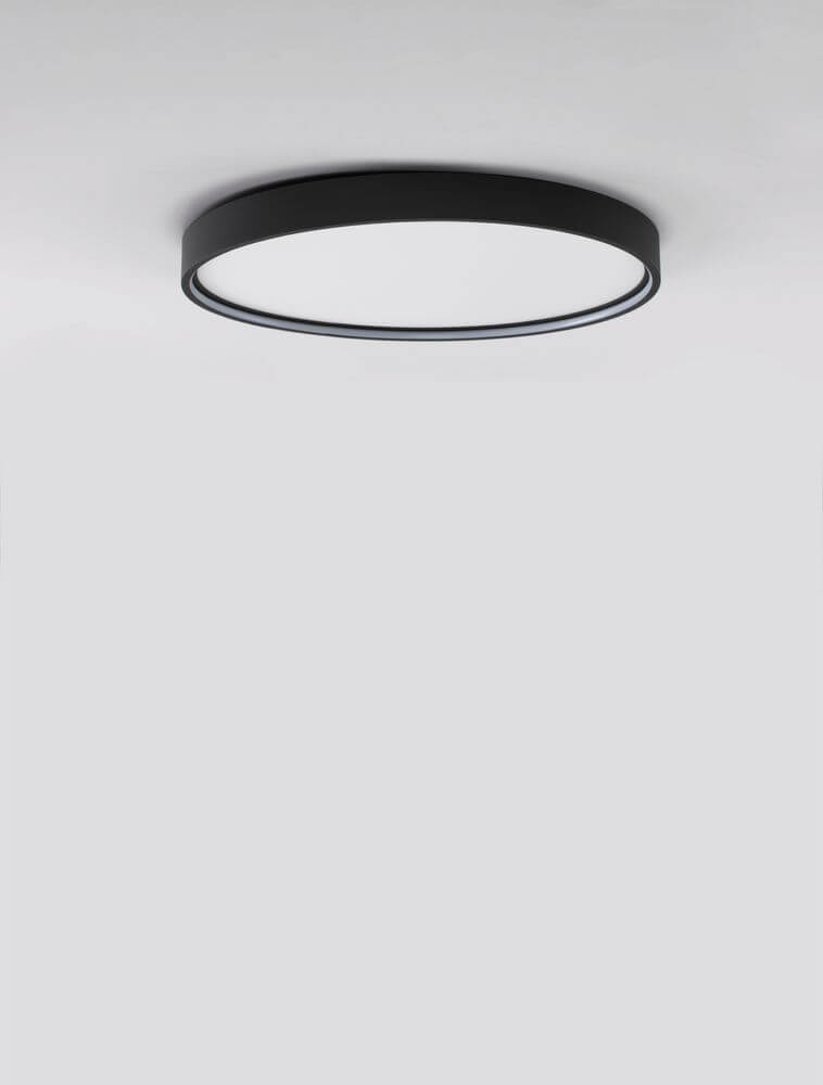 Alt Tag: Olaf LED Deckenleuchte Ø 60cm 3000K - schwarze runde Metall-Schale mit weißem Kunststoff-Cover, warmweißes Licht, modernes Design für Wohnzimmer/Flur