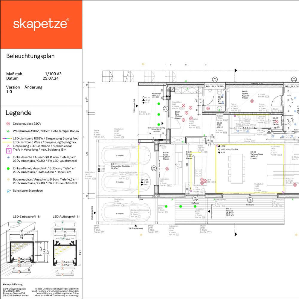 Beleuchtungsplan für Innenräume von skapetze, detaillierte Lichtplanung in A3 Format.