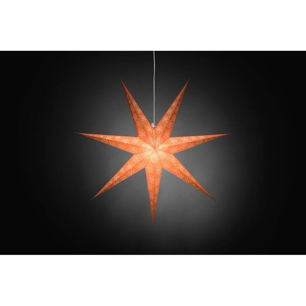 Oranger Papierstern perforiert mit weiß bedrucktem Muster 7 Zacken ohne Leuchmittel, elegant leuchtende Weihnachtsdekoration.