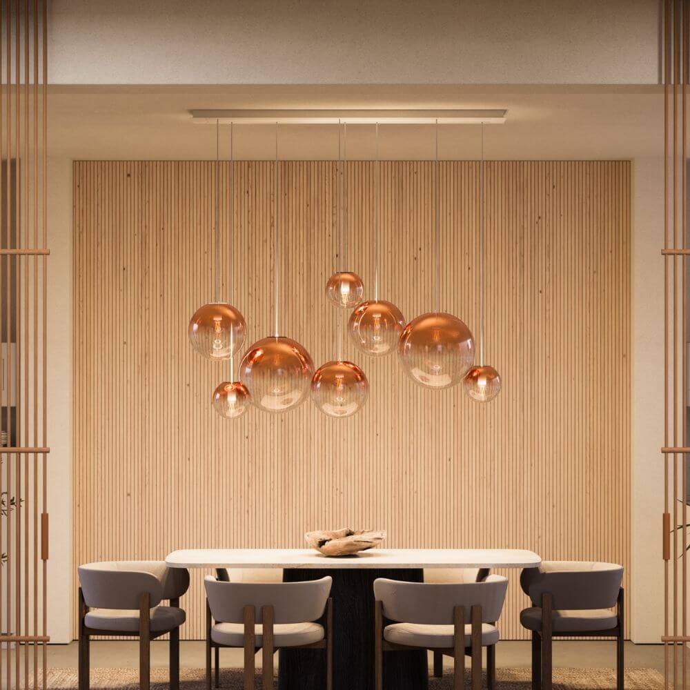 s.luce Orb Esstischleuchte 8-flammig 160cm 2-reihig in modernem Wohnraum mit stilvollen Lampen