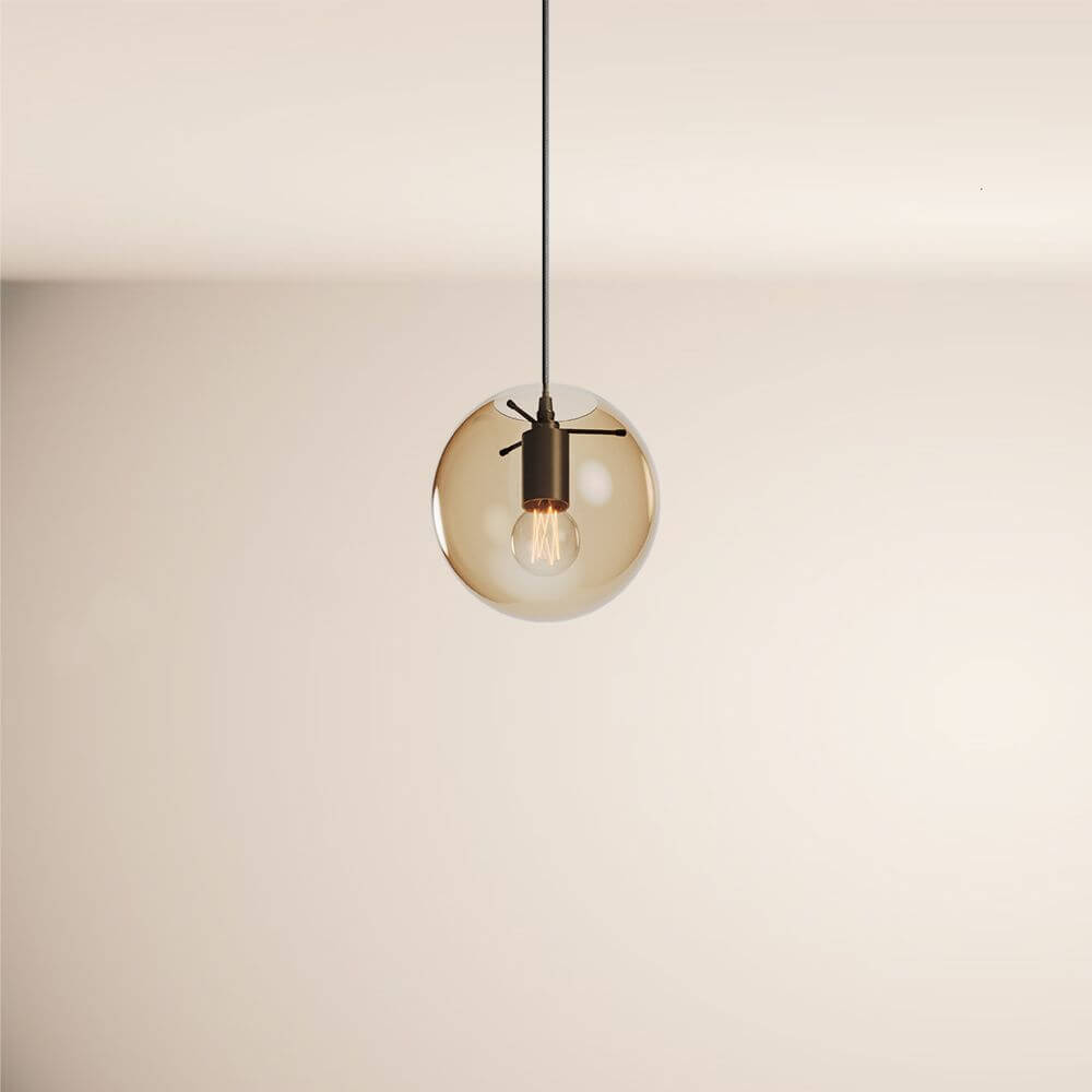 s.luce Orb Glaskugel Galerieleuchte 500cm Aufhängung Schwarz in modernem Design mit rauchfarbener Glaskugel.
