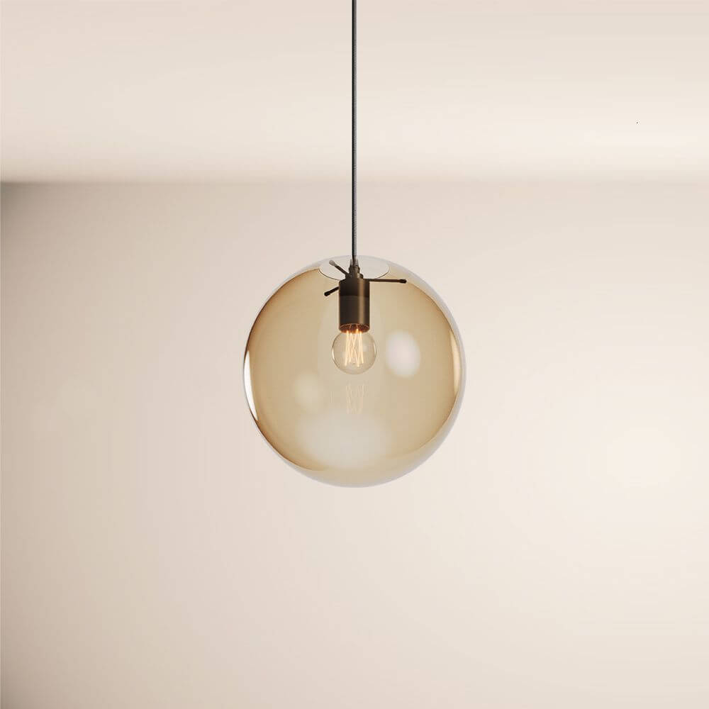 s.luce Orb Glaskugel Galerieleuchte 500cm Aufhängung Schwarz im eleganten Design mit rauchfarbener Glaskugel.