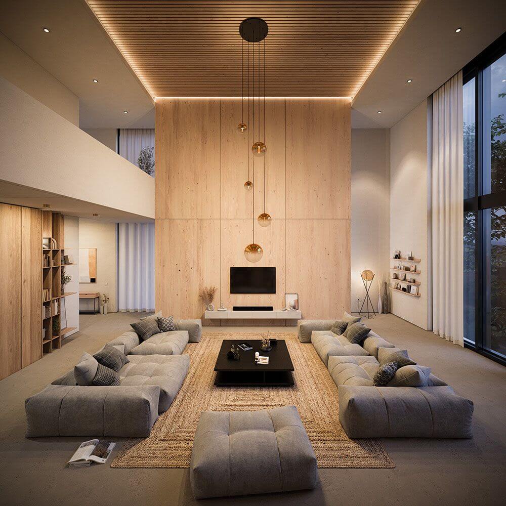 s.luce Orb Glaskugel Galerieleuchte Aufhängung 500cm Weiß in modernem Wohnzimmer mit Holzverkleidung.