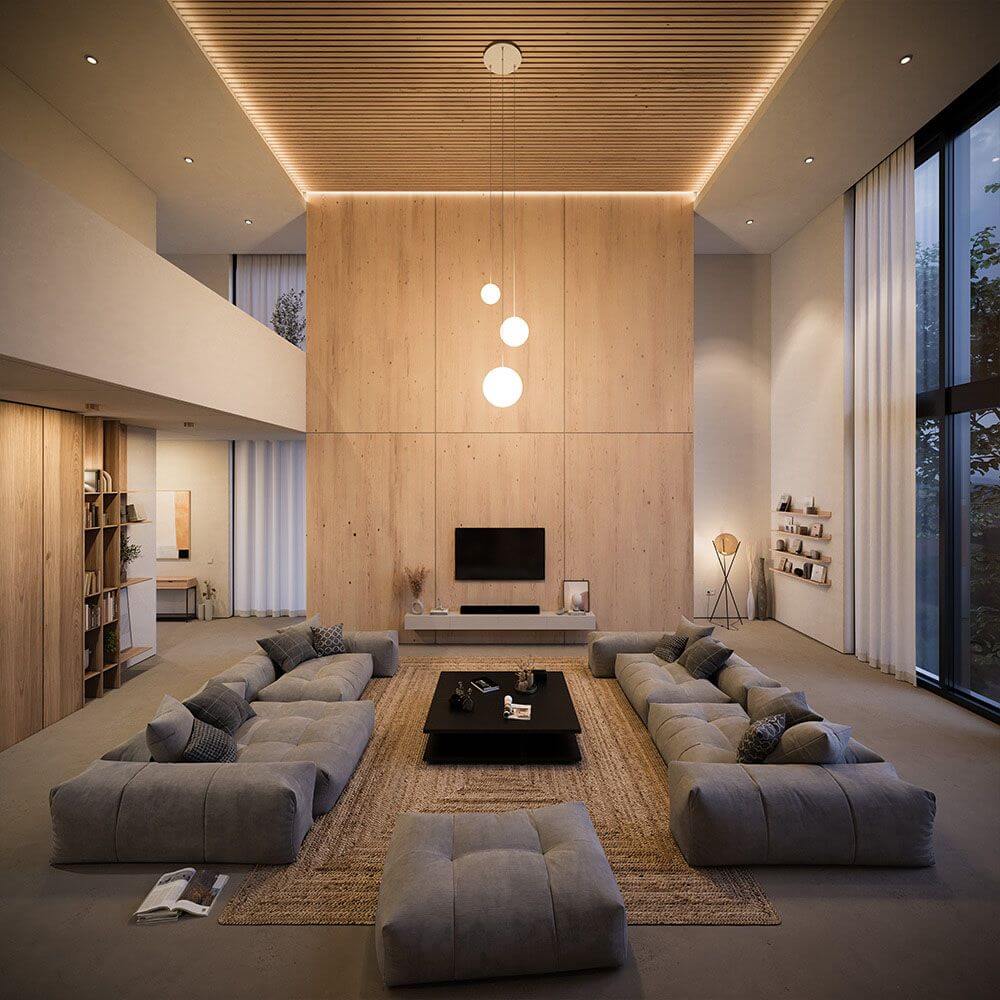 s.luce Orb Glaskugel Galerieleuchte Aufhängung 500cm Weiß in modernem Wohnzimmer mit Holz und neutralen Farben.