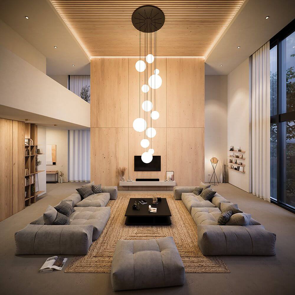 Modernes Wohnzimmer mit s.luce Orb Hängelampe, stilvolles Design und gemütlicher Atmosphäre.