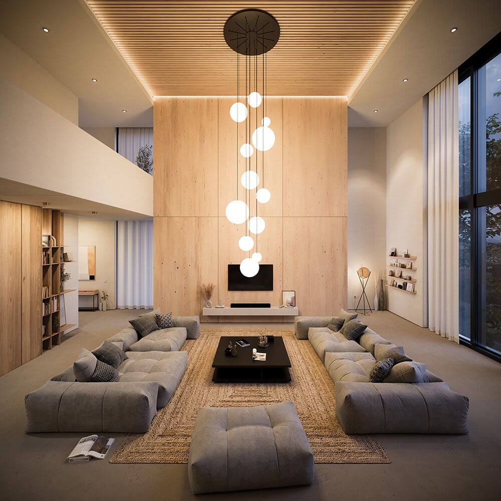 s.luce Orb Glaskugel Pendelleuchte Aufhängung 150cm Weiß in modernem Wohnraum mit stilvollem Sofa