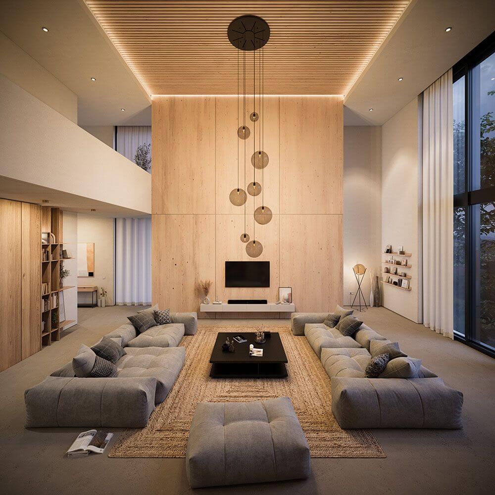 Moderne Wohnzimmergestaltung mit s.luce Orb Glaskugel Pendelleuchte Aufhängung 150cm Weiß und gemütlicher Sitzecke.