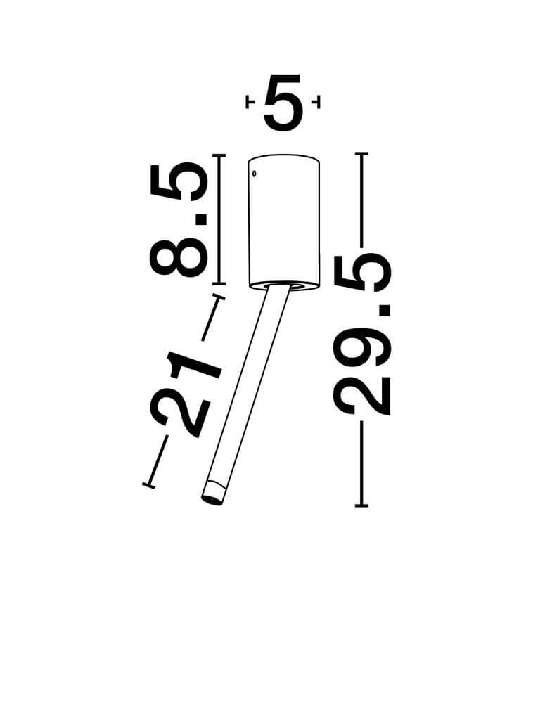 Ornos Deckenleuchte Ø 5cm H 29,5cm 3000K Diagramm mit Abmessungen und Designskizze.